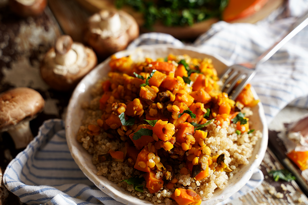 kasza z dynią, soczewicą i pieczarkami